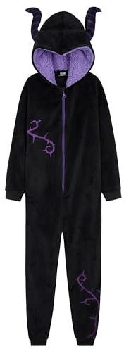 Disney Stitch Onesie Mädchen, Kuschelige Warm Einteiler Schlafanzug Kinder, Baby Yoda Geschenke für Mädchen Weihnachten (Schwarz Maleficent, 11-12 Jahre)