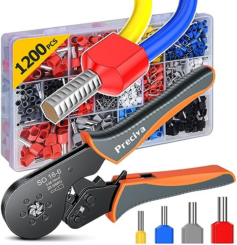 Pinza Crimpatrice, Strumenti di Crimpatura per Terminali Preciva per Terminali da 0,08-16 mm2 con 1200 Puntali doppi e Singoli per uso Industriale e fai-da-te