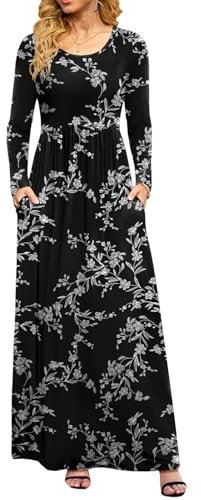 DB MOON Frauen Casual Langarm Maxi Kleider Empire-Taille Langes Kleid mit Taschen, Weiße Blume Schwarz, Groß