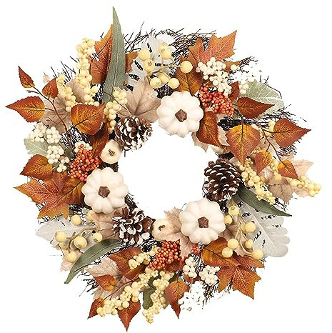 PAIKOE 17.7 Inch Fall Wreaths for Front Door - Outdoor Fall Decorations for Home Porch - Autumn Large Pumpkin Wreath for Halloween Thanksgiving Harvest Decoration Indoor Farmhouse Wall Decor