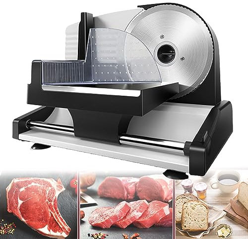Oiyekntd Professional Food Slicer Machine for Home Use, Quiet 200W Electric Motor, for Bread Meat and Cheese, Electric Deli Food Slicer with Plastic Pusher Blade Guard & Non-Slip Feet