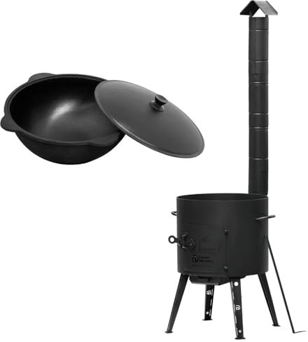 Uchag Ø36 Uchag 2 mm Acier Utschak avec cheminée Tuyau d'évacuation Utschag Four de camping 8 l Kazan Rond Kazan Cheminée Cuisine de terrain Cuisine extérieure Four à ragoût Canon à goulasch