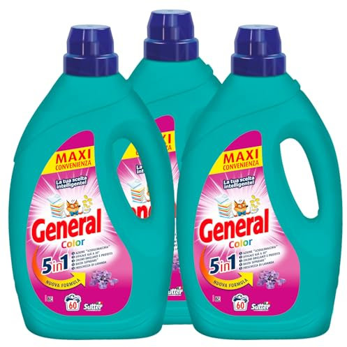 General Color Detersivo Liquido 5in1 per Lavatrice 60 Lavaggi Azione Scioglimacchia per Capi Colorati Protegge Brillantezza Profumo alla Lavanda - 3 Flaconi da 2,7L Ognuno