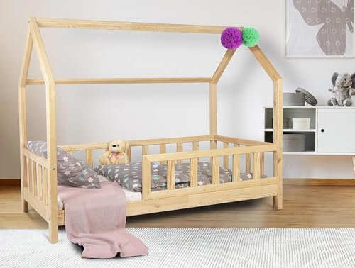 Alije Kinderbett Bett Hausbett Julia mit Rausfallschutz Lattenrost Bettgestell aus Kiefer Holz für Haus Kinder Jungen & Mädchen - Holzbett Baby Kinderzimmer (Naturholz, 90x200)