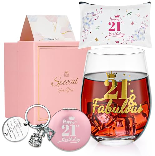 21 Geburtstag Geschenk Mädchen, Junge, Originelle Geschenke Personalisiert zum 21 Geburtstag Frauen, Weingläser Ohne Stiel mit Gravur set für Rotweinglas, weißweingläser (19oz)