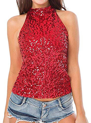 Damen Neckholder Pailletten Tanktop Shirt Hinten Offen Glitzer Tops Sexy Ärmellos Pailletten Oberteil Festlich Bluse Shirt Slim Fit Sparkle Glitzershirt Top für Party Rot, Einheitsgröße