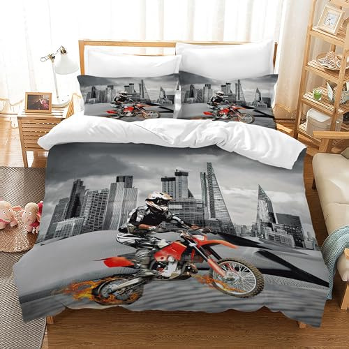 AVJWWD Motocross Bettwäsche Sets, 3D-gedrucktes Muster von Extremsport-Motorrad-Themen-Bettbezug mit 2 Kissenbezügen, für Erwachsene (Moto8, 135 x 200 cm)