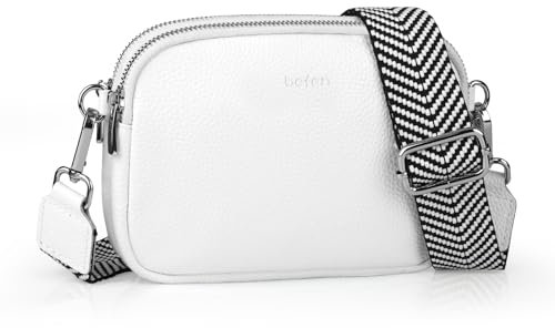 befen Genuine Leather White Crossbody Bag for Women Small Handbags Double Pockets Mobile Phone Shoulder Bag-White