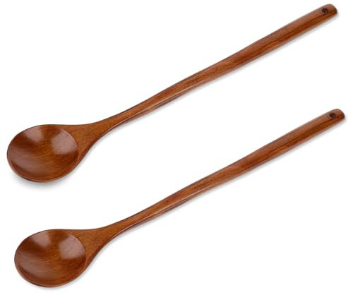 Lot de 2 cuillères de cuisine en bois de bambou anti-adhésif - Ustensiles de cuisine en bois pour casserole peu profonde - Cuillère en bois polyvalente pour mélanger, retourner, mélanger, gratter