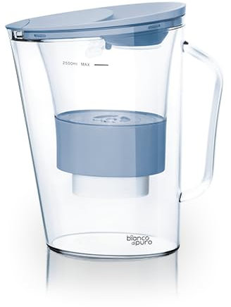 Wasserfilter Kanne Aqualita - mit Erinnerungsfunktion Smartphone-App - 2,5 Liter- Filter zur Reduzierung von Kalk, Chlor, Blei, Kupfer, Pestizide & Herbizide im Wasser - bianco di puro ® - skyblue