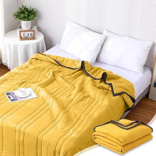 ARRITS Kühlende Steppdecke für Erwachsene Kinder, kühlende Decke Leichte Atmungsaktive Baumwolle Sommerdecke, Glatte Kühler Doppelseitige Kalteffektdecke für Bett Sofa und überall (Gelb 180x200 cm)