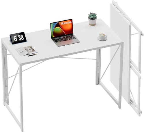Coavas Klappbarer Schreibtisch, Einfache Montage, 100 cm Schmaler Computertisch mit Stauraum, Platzsparend für Büro, Homeoffice, Wohnzimmer und Arbeitszimmer, Stabil, Weiß