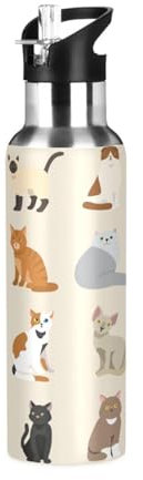 Bouteille d'eau avec paille anti-fuite - Bouteille d'eau chaude avec motif chat mignon - Bouteille isotherme sous vide pour filles et garçons - 600 ml