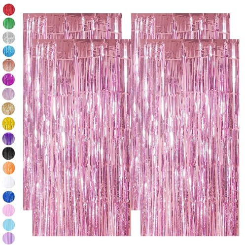 Pink Foil Fringe Tinsel Backdrop,4pcs 3.2 x 6.5ft Pink Foil Curtain Decoration,Pink Metallic Tinsel Foil Fringe Curtain for Mermaid Birthday Baby Shower Mama Mia Bachelorette Pink Princess Party