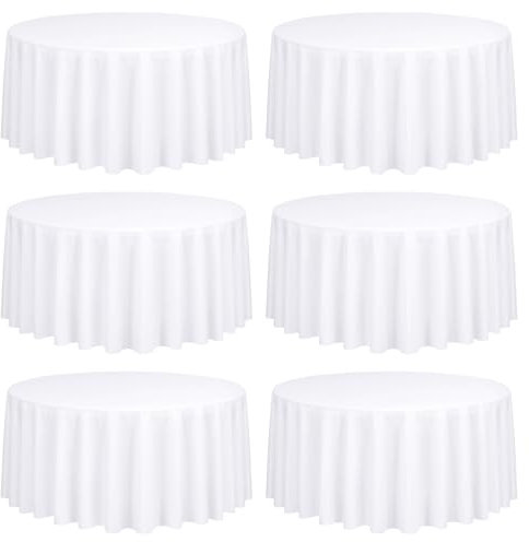 Weiße runde Tischdecke im 6er-Pack, 275 cm – wasserdichte Tischdecke aus Polyestergewebe, waschbare Tischdecke für Hochzeit, Empfang, Bankett, Party, Geschenk, Tisch, Buffet, Restaurant