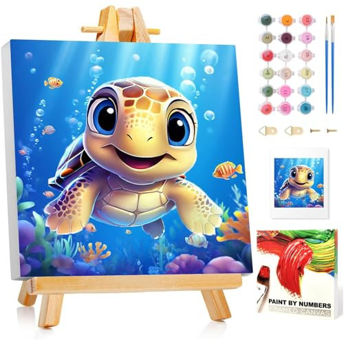 Schildkröte Malen Nach Zahlen Kinder mit Rahmen, Schildkröte Malen Nach Zahlen Kinder ab 5 6 7 8 9 10 Jahre, Malset Geschenk für Mädchen und Jungen - 20x20cm Mit Staffelei