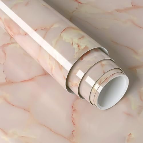 XRUIBZI Pink and Yellow Marble Wallpaper 40cmx1000cm Sticky Back Plastic Worktop Vinyl Covering Pink Kitchen Contact Paper Self Adhesive Waterproof Wall Paper for Kitchen Countertop Wall