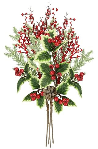 Künstlicher Dekozweig mit Tanne Ilex Beeren Zapfen 2er Set 52cm Beerenzweig Deko Zweig Tannenzweig AST Blumen Äste für Adventskränze Girlanden Weihnachtsdeko Floristik Kunstblume Kunstzweig, 52 cm