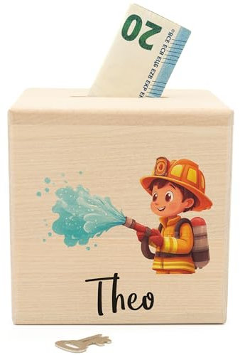 Geschenkfreude Personalisierte Spardose aus Holz - 10 x 10 cm - Sparschwein Feuerwehr - Spardose mit Namen - Holz sparbüchse personalisierte Geburt Feuerwehrauto kinderspardosen Name schlüssel