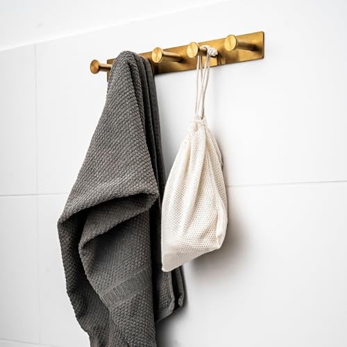 ELMOWO - Edelstahl Hakenleiste mit 5 Haken ohne Bohren selbstklebend inkl. Spezialkleber (extrem sicherer Halt) für Bad und Küche - Ideal für Küchen-, und Badutensilien zur Wandbefestigung (gold)