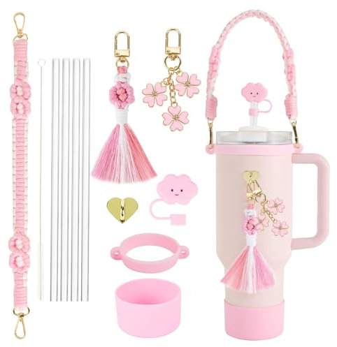 TTPSRY Stanley Cup Accessories 12 Piece Set Handle Water Bottle Cover Silicone Case Pendant Keychain Brush Straw for 1200ml and 850ml Cups Not Included (Pink)