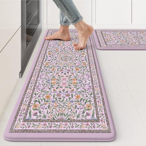 KIMODE Küchenmatte, gepolstert, Boho-Küchenteppiche, 2er-Set, Bauernhaus-Küchenmatten für Boden, rutschfest, wasserdicht, Stehtischunterlagen für Wäsche, Büro, Waschbecken, Lila, 43,9 x 73,7 cm + 43,9