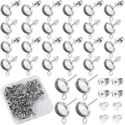 SOFPLATE 1 Box 300 Stück 6mm Ohrstecker Lünettenfassung Ohrringrohlinge Ohrstecker Und Rückseite Aus Edelstahl Mit Ohrmuttern Aus Kunststoff Cabochon Ohrringbeschläge Für Schmuckherstellungssets Harz