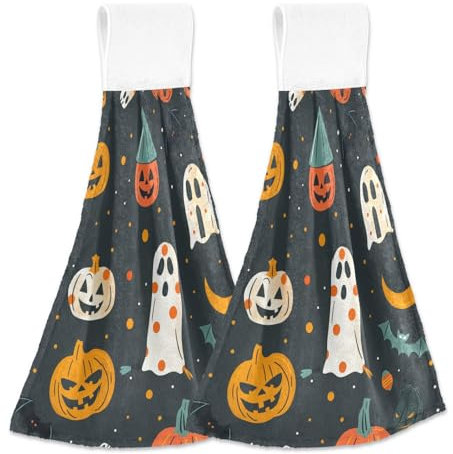 Amooorous Toallas de cocina de Halloween con lazo para colgar, 2 piezas, paños de rizo, trapos blancos para lavar platos