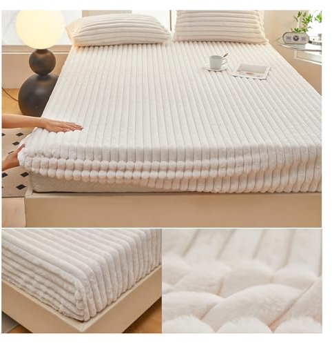 OREZAUQS Plüsch-Spannbettlaken, Einfarbig Weich Bequem Warme Flauschige Plüsch Spannbetttuch, Bettlaken mit Rundum Gummizug, Baumwolle Laken für Bett für alle Jahreszeiten (Weiß 2,150 * 200 cm)