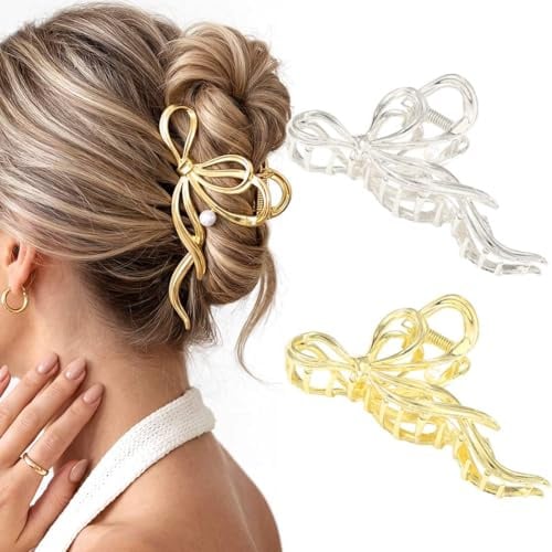 Zoestar Haarspange mit Schleife, goldfarben, Metall, Perlen-Haarspangen, rutschfest, stilvolles Haar-Accessoire für Damen und Mädchen, 2 Stück