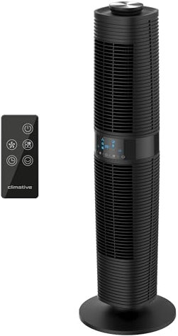 Climative Turmventilator FLOW 360 Dual Air 360° 3 Stufen Timer 8h 96,8 cm Oszillierend 90° 45W Tower Fan Ventilator leise mit Fernbedienung Standventilator groß Ventilator Oszillierend Schwarz