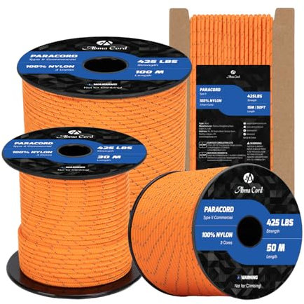 Abma Cord Paracord 3mm 15M 100% Nylon Seil Paracord 425 Typ II Schnur mit 3 Kern für Basteln, Camping, Survival - Max. 192kg (425lbs) - Reflektierende Orange