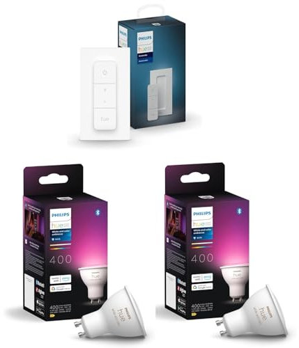 Philips Hue Lot de spots GU10 4 pièces – 350 lumens – lumière blanche et colorée – 5,7 W – Bluetooth – 1 variateur inclus – Dimmable