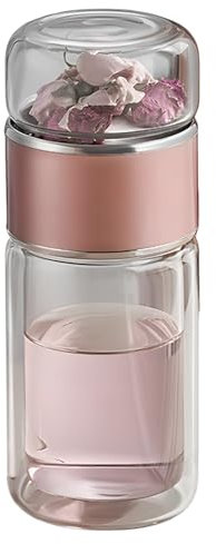 yeeplant Teeflasche für lose Blätter, doppelwandiger Glasbecher mit Teesieb, 479 ml, hitzebeständiger Reisebecher für heiße und kalte Getränke, Roségold