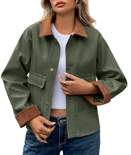 HOTIAN Jacken Damen Stehkragen Kurze Casual Jacke Langarm Cord Revers Button Shacket Mantel mit Taschen Sweatjacke
