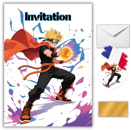 EVTI 10 Cartes d’invitation anniversaire thème Naruto, invitations manga à gratter pour garçon et fille, carte anniversaire fête enfant ninja avec enveloppes