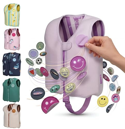 NOARD Kinder Schwimmweste (2-6 J. / 15-30 kg) Schwimmhilfe mit Schrittgurt | Wechsel-Patches für hohen Tragespaß | EN 13138-1:2021 | 8 herausnehmbare Schwimmkörper | weiches Neopren | Schwimmlernhilfe