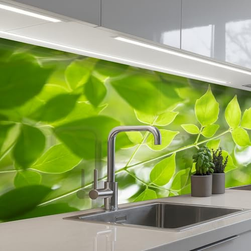KitchenYeah© Küchenrückwand Selbstklebend Küchenspritzschutz Rückwand | 60x150 cm - Wandschutz Ohne Bohren Spritzschutz Wand Wandverkleidung Natur - Frühling - Grün - Blätter
