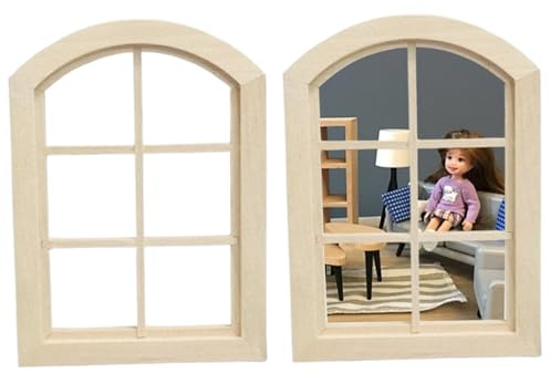 AZIDWERYQ 2 Stücke Puppenhaus Fenster, Holz Maßstab 1:12 Puppenhaus Möbel DIY Miniaturen Szene Unbemalt Fiary Fensterrahmen Modell für Zubehör