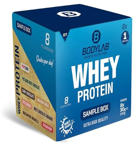 Bodylab24 Whey Protein Probierbox 7, 8 x 30 g | Bis zu 24 g Protein pro Portion, hochwertiges Molkenprotein, perfekt löslich, ideal für Protein Shakes rund ums Training