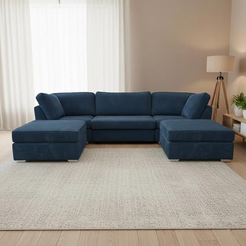 ark future Jumbo Cord with Full Back Cushions | Modular Fabric Couch | Soft Foam Seating, Removable Cushions | Modern Living Room Sofa Suite (Blue, Big U Shape Sofa)