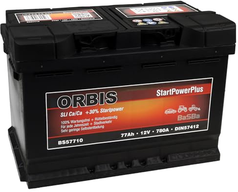 12 V 77 Ah Autobatterie StartPowerPlus – Orbis BS57710 wartungsfrei mit 780 A Startleistung, einbaubereit für PKW, Transporter, Traktor & SUV | BaSBa 2140