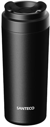 SANTECO Reisebecher – Isolierter Edelstahlbecher mit Keramikbeschichtung, auslaufsicherem Drehverschluss, hält Getränke heiß und kalt – ideal für Zuhause, Büro und Camping (Schwarz, 480ml)