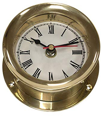 Schooner Bay Co. Nautical Wall Clock, Brass, 3-3/4 Inch, Roman Numerals, Vintage Style, Battery Powered