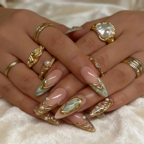 Floruvia 24 stück mittelgroße mandel-kunstnägel, goldene glitzer-designs, vollständige abdeckung, kleben sie glitzernde künstliche nägel für frauen