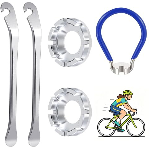 Ousuwo Kit de herramientas de reparación de radios de bicicleta de 5 piezas, incluye 2 palancas de neumáticos, 1 llave de radios y 2 ajustadores de pezón de múltiples cabezales, herramientas de acero