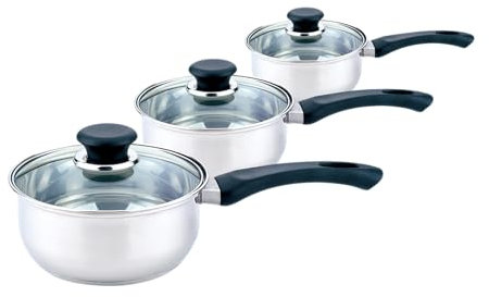 Sabichi 3-Piece Saucepan Set - Stainless Steel - Dishwasher Safe - Glass Lids with Steam Vent and Phenolic Handles - Suitable for Gas, Electric, Ceramic & Solid Hot Plate Hobs