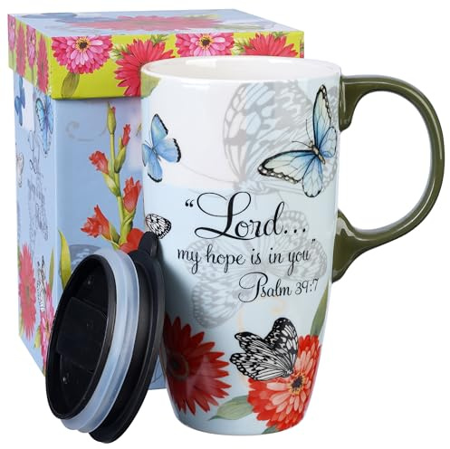 Topadorn Keramikbecher mit Deckel 500 ml – Christlich mit Psalm 39:7 & Schmetterling Blumen Design, Spülmaschinenfest & Mikrowellengeeignet, in Geschenkbox