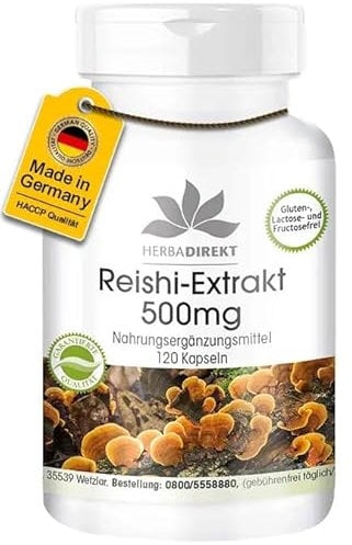Reishi Extrakt Kapseln 500mg - 120 Kapseln - 30% Polysaccharide | HERBADIREKT by Warnke Vitalstoffe - Deutsche Apothekenqualität