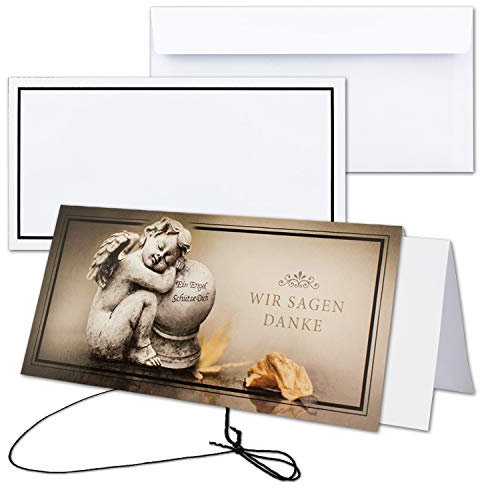 50x Trauerkarten-Set Angel - Engel-Motiv - DIN Lang Danksagung Komplett-Paket mit Umschlag & Einlege-Blätter & schwarzem Schmuck-Band - in stabiler Box - Trauer-Papiere by GUSTAV NEUSER